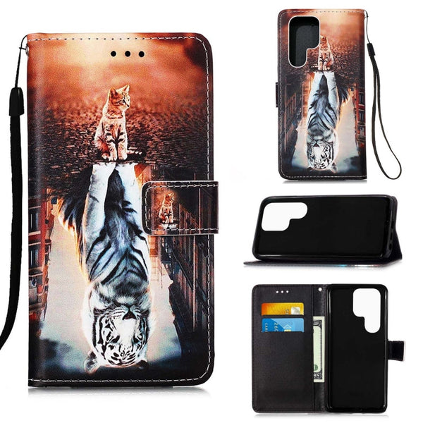 For Samsung Galaxy S22 Ultra 5G Colored Drawing Pattern Plain Weave Leather Phone Case with Holder & Card Slot & Wallet & Lanyard(Cat and Tiger)