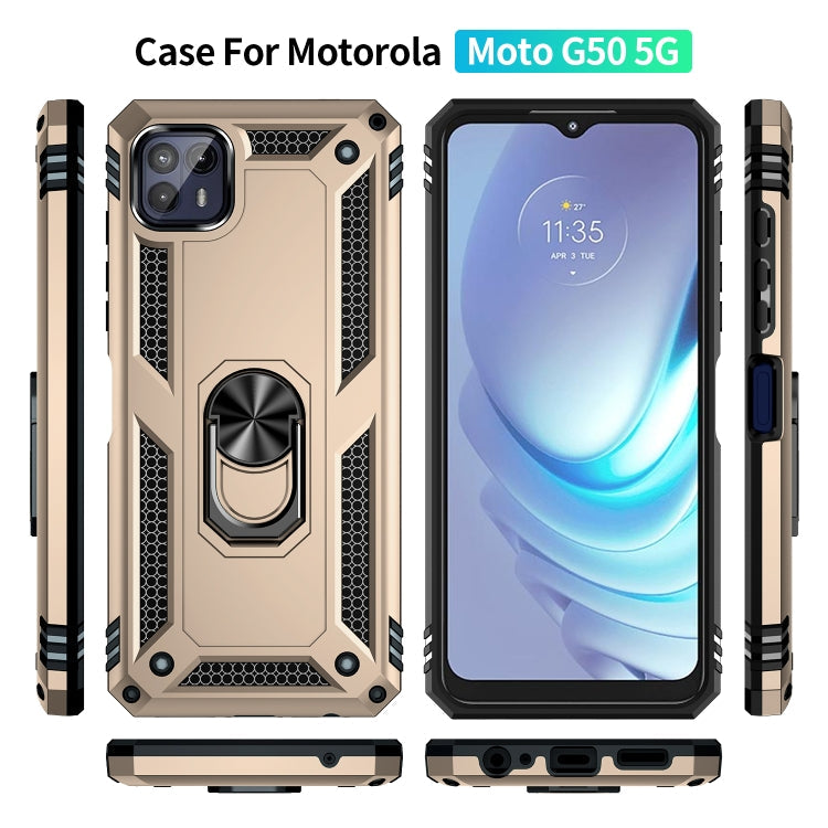 For Motorola Moto G50 5G Shockproof TPU + PC Protective Phone Case with 360 Degree Rotating Holder(Gold)