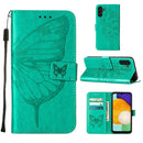 For Samsung Galaxy A13 5G Embossed Butterfly Leather Phone Case with Holder & Card Slot & Wallet & Lanyard(Green)