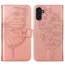 For Samsung Galaxy A13 5G Embossed Butterfly Leather Phone Case with Holder & Card Slot & Wallet & Lanyard(Rose Gold)