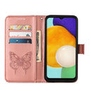 For Samsung Galaxy A13 5G Embossed Butterfly Leather Phone Case with Holder & Card Slot & Wallet & Lanyard(Rose Gold)