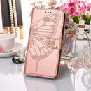 For Samsung Galaxy A13 5G Embossed Butterfly Leather Phone Case with Holder & Card Slot & Wallet & Lanyard(Rose Gold)
