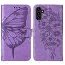 For Samsung Galaxy A13 5G Embossed Butterfly Leather Phone Case with Holder & Card Slot & Wallet & Lanyard(Purple)