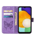 For Samsung Galaxy A13 5G Embossed Butterfly Leather Phone Case with Holder & Card Slot & Wallet & Lanyard(Purple)