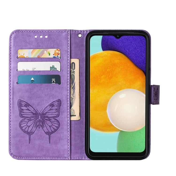 For Samsung Galaxy A13 5G Embossed Butterfly Leather Phone Case with Holder & Card Slot & Wallet & Lanyard(Purple)
