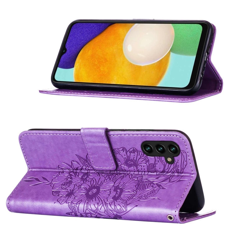 For Samsung Galaxy A13 5G Embossed Butterfly Leather Phone Case with Holder & Card Slot & Wallet & Lanyard(Purple)