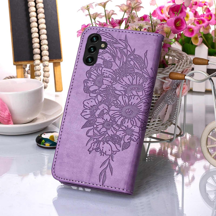 For Samsung Galaxy A13 5G Embossed Butterfly Leather Phone Case with Holder & Card Slot & Wallet & Lanyard(Purple)