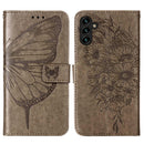 For Samsung Galaxy A13 5G Embossed Butterfly Leather Phone Case with Holder & Card Slot & Wallet & Lanyard(Grey)