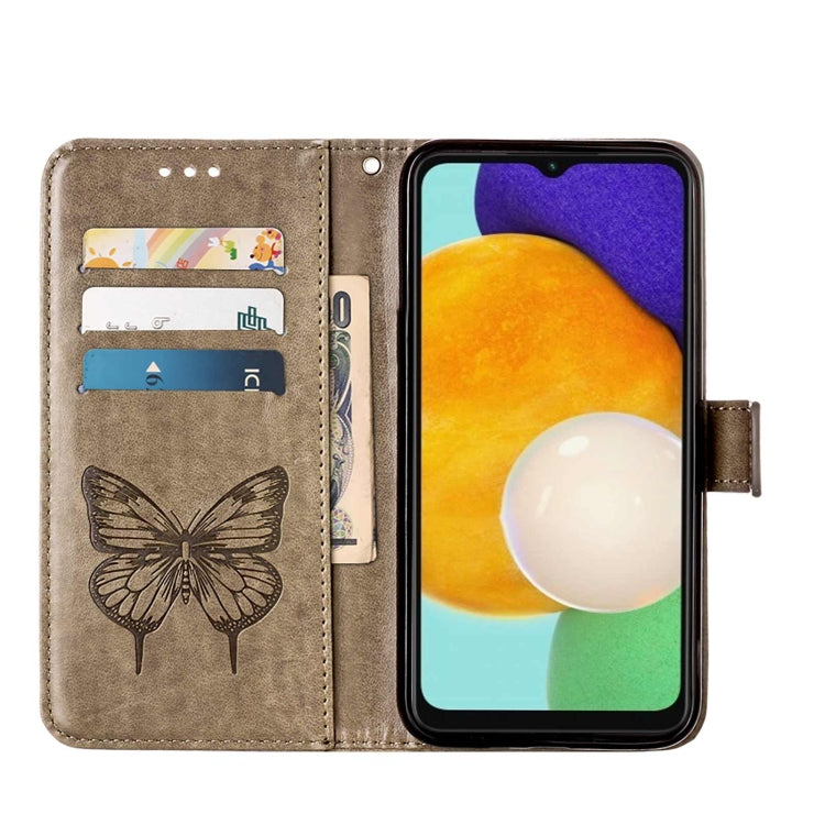 For Samsung Galaxy A13 5G Embossed Butterfly Leather Phone Case with Holder & Card Slot & Wallet & Lanyard(Grey)