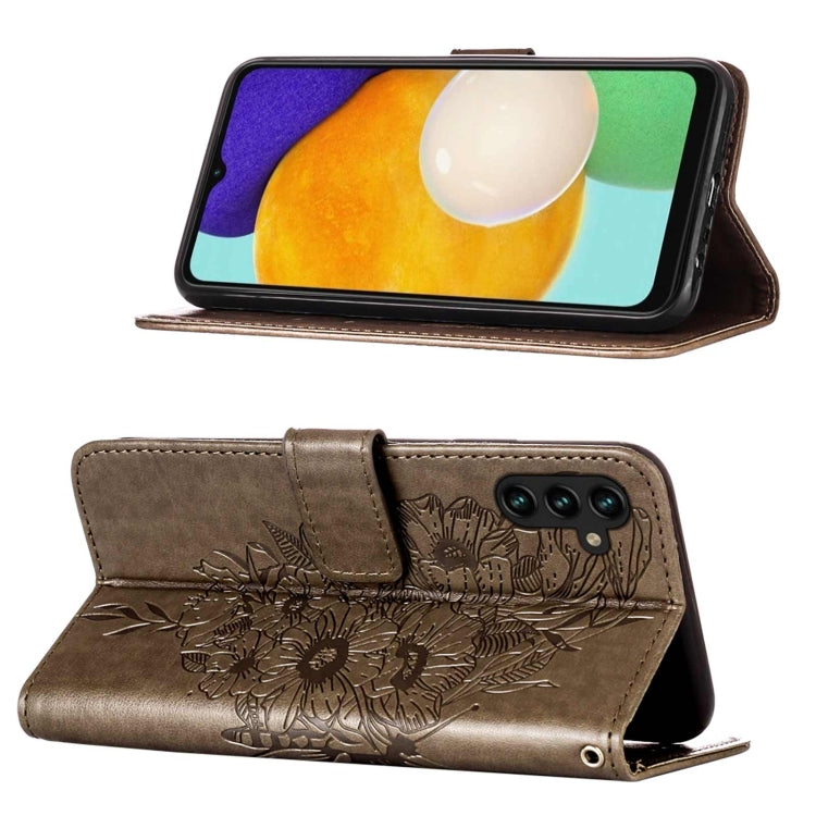 For Samsung Galaxy A13 5G Embossed Butterfly Leather Phone Case with Holder & Card Slot & Wallet & Lanyard(Grey)