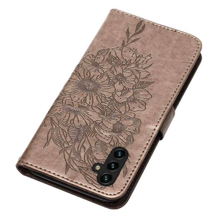 For Samsung Galaxy A13 5G Embossed Butterfly Leather Phone Case with Holder & Card Slot & Wallet & Lanyard(Grey)