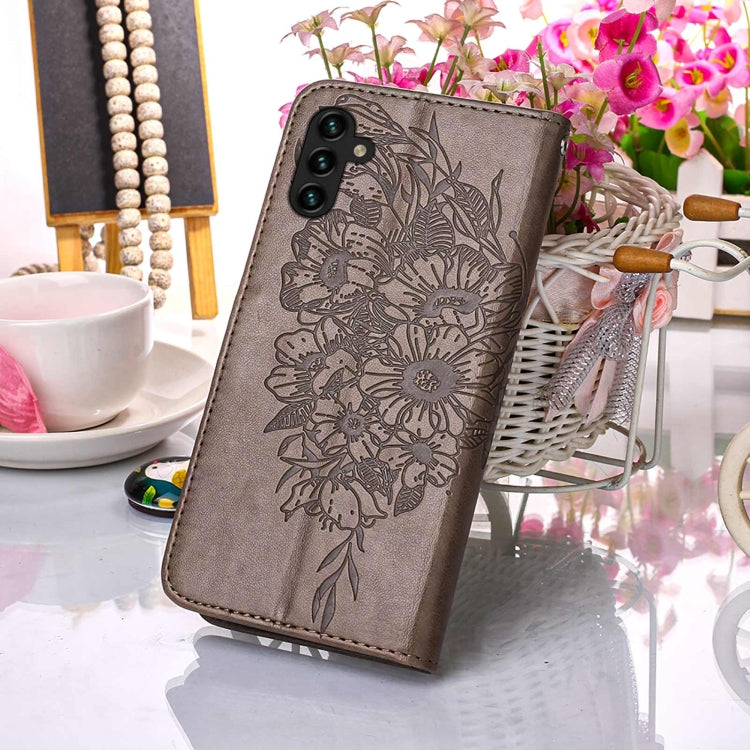 For Samsung Galaxy A13 5G Embossed Butterfly Leather Phone Case with Holder & Card Slot & Wallet & Lanyard(Grey)