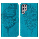 For Samsung Galaxy S22 Ultra 5G Embossed Butterfly Leather Phone Case with Holder & Card Slot & Wallet & Lanyard(Blue)