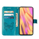 For Samsung Galaxy S22 Ultra 5G Embossed Butterfly Leather Phone Case with Holder & Card Slot & Wallet & Lanyard(Blue)