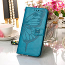 For Samsung Galaxy S22 Ultra 5G Embossed Butterfly Leather Phone Case with Holder & Card Slot & Wallet & Lanyard(Blue)