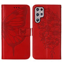 For Samsung Galaxy S22 Ultra 5G Embossed Butterfly Leather Phone Case with Holder & Card Slot & Wallet & Lanyard(Red)