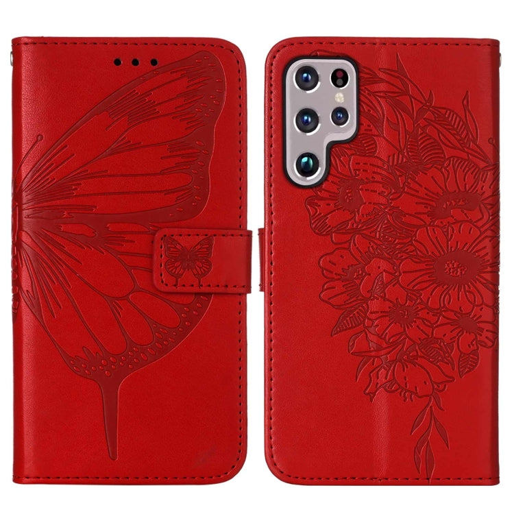 For Samsung Galaxy S22 Ultra 5G Embossed Butterfly Leather Phone Case with Holder & Card Slot & Wallet & Lanyard(Red)