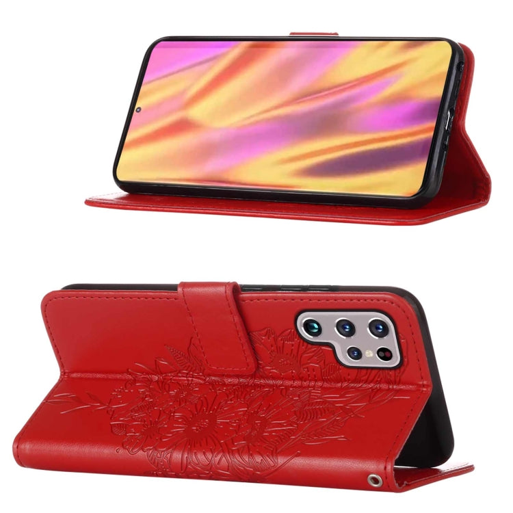 For Samsung Galaxy S22 Ultra 5G Embossed Butterfly Leather Phone Case with Holder & Card Slot & Wallet & Lanyard(Red)