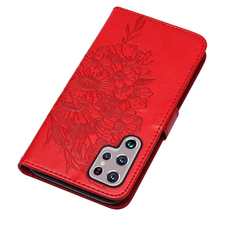 For Samsung Galaxy S22 Ultra 5G Embossed Butterfly Leather Phone Case with Holder & Card Slot & Wallet & Lanyard(Red)