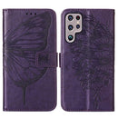 For Samsung Galaxy S22 Ultra 5G Embossed Butterfly Leather Phone Case with Holder & Card Slot & Wallet & Lanyard(Dark Purple)