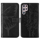 For Samsung Galaxy S22 Ultra 5G Embossed Butterfly Leather Phone Case with Holder & Card Slot & Wallet & Lanyard(Black)