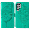 For Samsung Galaxy S22 Ultra 5G Embossed Butterfly Leather Phone Case with Holder & Card Slot & Wallet & Lanyard(Green)