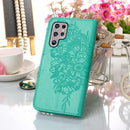 For Samsung Galaxy S22 Ultra 5G Embossed Butterfly Leather Phone Case with Holder & Card Slot & Wallet & Lanyard(Green)