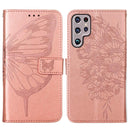 For Samsung Galaxy S22 Ultra 5G Embossed Butterfly Leather Phone Case with Holder & Card Slot & Wallet & Lanyard(Rose Gold)