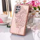For Samsung Galaxy S22 Ultra 5G Embossed Butterfly Leather Phone Case with Holder & Card Slot & Wallet & Lanyard(Rose Gold)