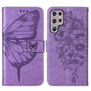 For Samsung Galaxy S22 Ultra 5G Embossed Butterfly Leather Phone Case with Holder & Card Slot & Wallet & Lanyard(Purple)