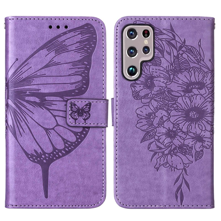 For Samsung Galaxy S22 Ultra 5G Embossed Butterfly Leather Phone Case with Holder & Card Slot & Wallet & Lanyard(Purple)