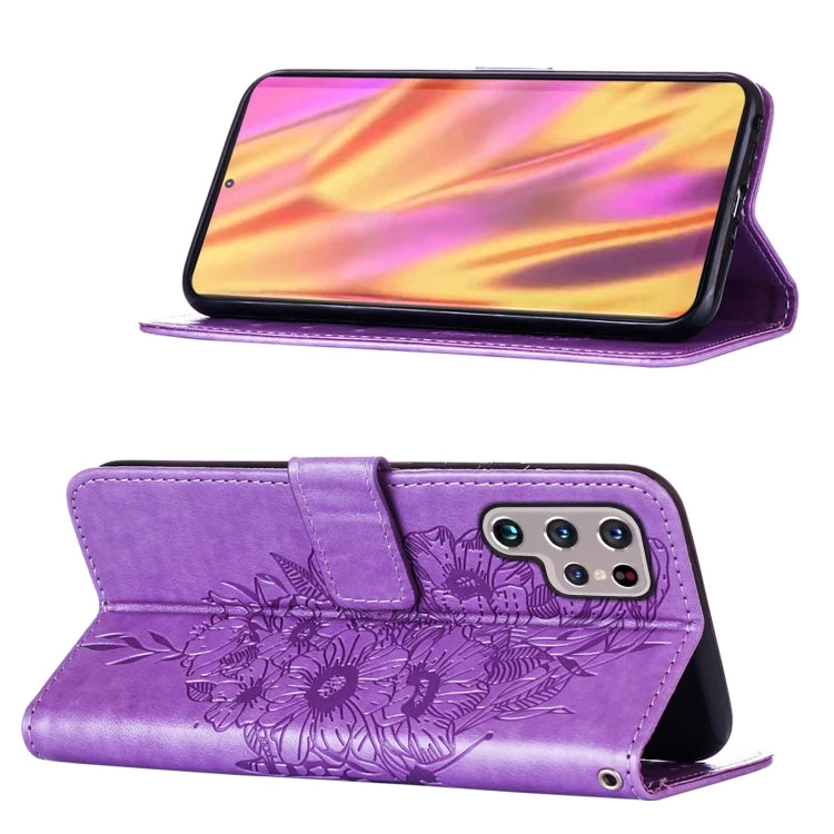 For Samsung Galaxy S22 Ultra 5G Embossed Butterfly Leather Phone Case with Holder & Card Slot & Wallet & Lanyard(Purple)