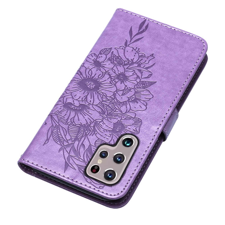 For Samsung Galaxy S22 Ultra 5G Embossed Butterfly Leather Phone Case with Holder & Card Slot & Wallet & Lanyard(Purple)