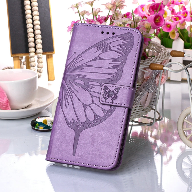 For Samsung Galaxy S22 Ultra 5G Embossed Butterfly Leather Phone Case with Holder & Card Slot & Wallet & Lanyard(Purple)