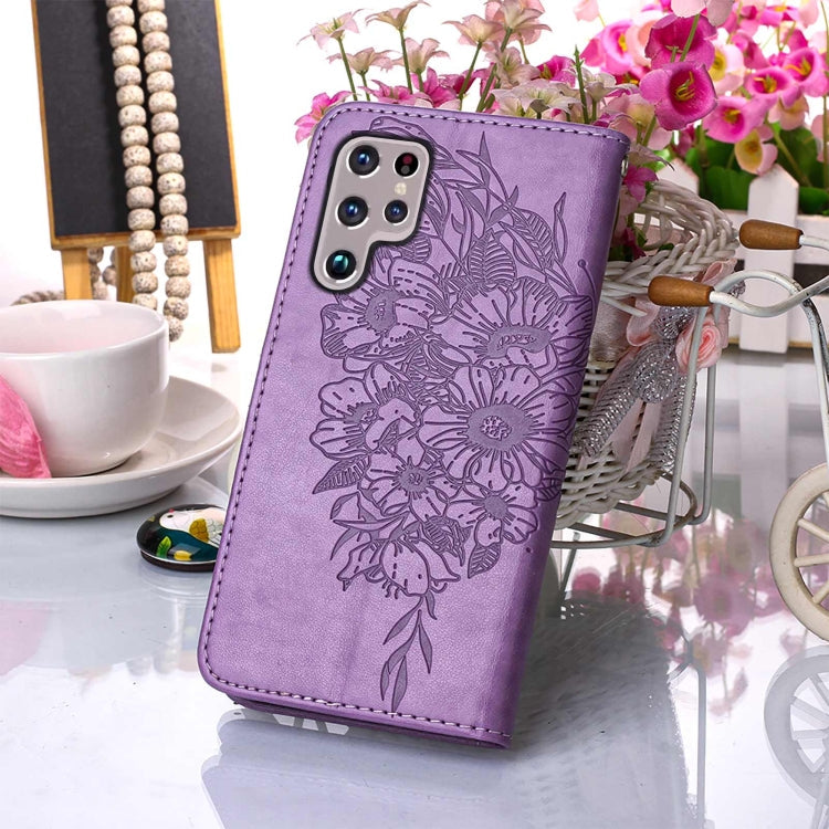 For Samsung Galaxy S22 Ultra 5G Embossed Butterfly Leather Phone Case with Holder & Card Slot & Wallet & Lanyard(Purple)