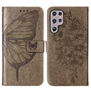For Samsung Galaxy S22 Ultra 5G Embossed Butterfly Leather Phone Case with Holder & Card Slot & Wallet & Lanyard(Grey)