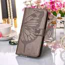 For Samsung Galaxy S22 Ultra 5G Embossed Butterfly Leather Phone Case with Holder & Card Slot & Wallet & Lanyard(Grey)