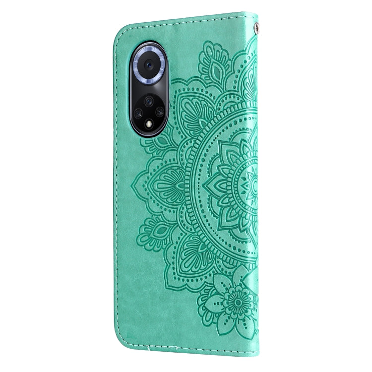 For Huawei nova 9 / Honor 50 7-petal Flowers Embossed Flip Leather Phone Case with Holder & Card Slots(Green)