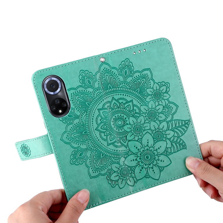 For Huawei nova 9 / Honor 50 7-petal Flowers Embossed Flip Leather Phone Case with Holder & Card Slots(Green)