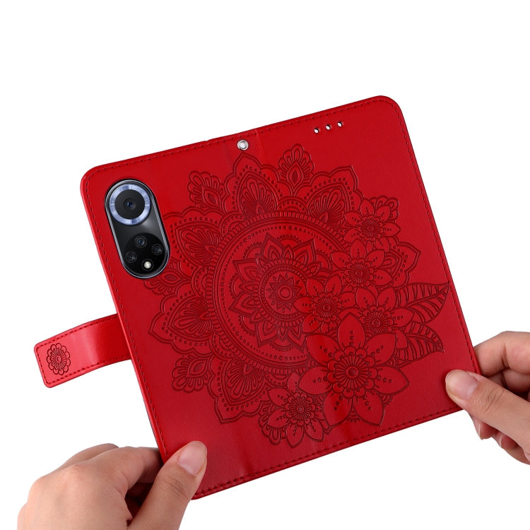 For Huawei nova 9 / Honor 50 7-petal Flowers Embossed Flip Leather Phone Case with Holder & Card Slots(Red)