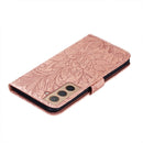 For Samsung Galaxy S22 5G Lace Flower Leather Phone Case with Holder & Card Slots & Wallet & Photo Frame(Rose Gold)