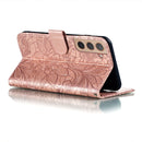 For Samsung Galaxy S22 5G Lace Flower Leather Phone Case with Holder & Card Slots & Wallet & Photo Frame(Rose Gold)