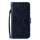 For Samsung Galaxy S22 5G Lace Flower Leather Phone Case with Holder & Card Slots & Wallet & Photo Frame(Dark Blue)