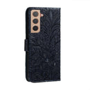 For Samsung Galaxy S22 5G Lace Flower Leather Phone Case with Holder & Card Slots & Wallet & Photo Frame(Dark Blue)
