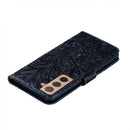 For Samsung Galaxy S22 5G Lace Flower Leather Phone Case with Holder & Card Slots & Wallet & Photo Frame(Dark Blue)