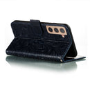 For Samsung Galaxy S22 5G Lace Flower Leather Phone Case with Holder & Card Slots & Wallet & Photo Frame(Dark Blue)