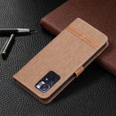 For Xiaomi Redmi Note 11 5G/Note 11T 5G/Poco M4 Pro 5G Color Matching Denim Texture Leather Phone Case with Holder & Card Slots & Wallet & Lanyard(Brown)