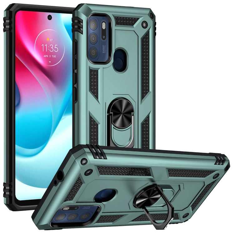 For Motorola Moto G60s Shockproof TPU + PC Phone Case with 360 Degree Rotating Holder(Dark Green)