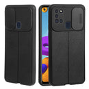 For Samsung Galaxy A21s Litchi Texture Sliding Camshield TPU Phone Case(Black)