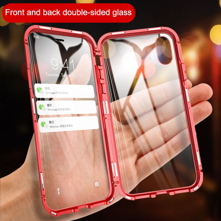 For iPhone XR Ultra Slim Double Sides Magnetic Adsorption Angular Frame Tempered Glass Magnet Flip Case(Gold)